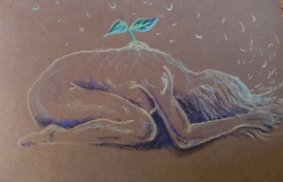 A reclining figure drawn in pale pastel on brown paper, a small green shoot above them