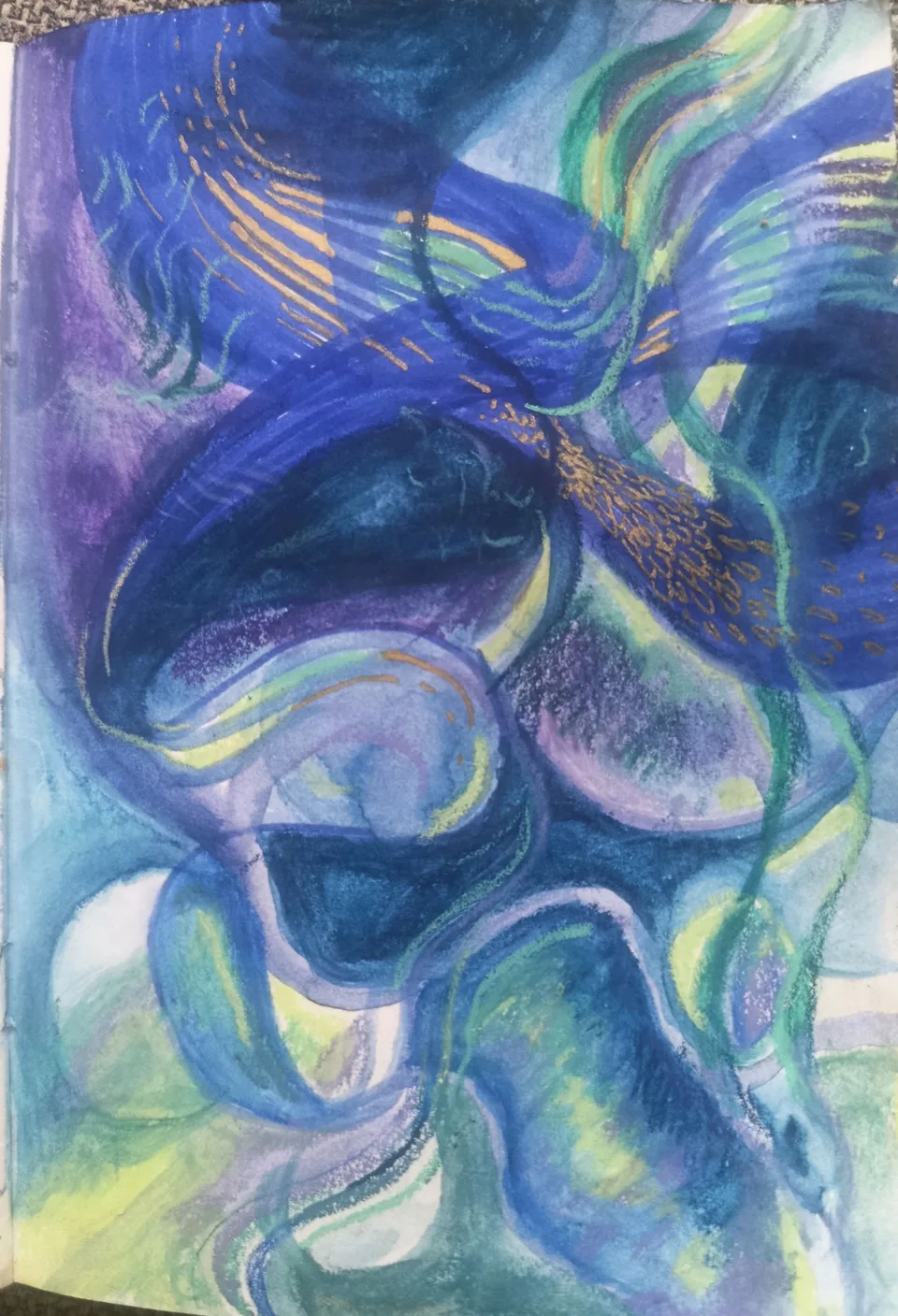 Swirling blue and yellow forms in coloured pencil, like petals opening