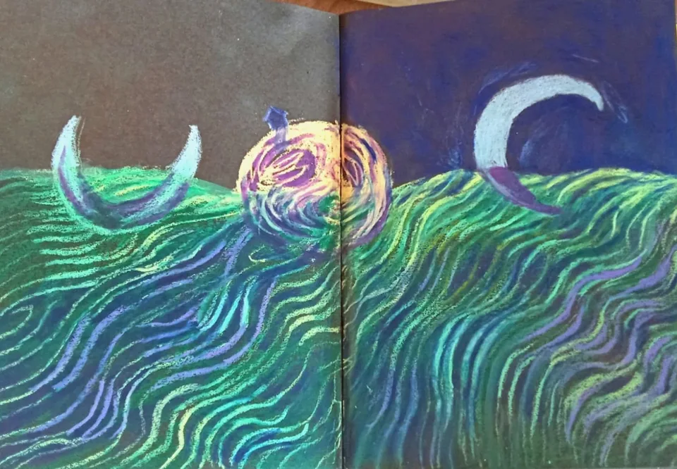 A green wave of a landscape under a crescent moon, drawn across a sketchbook spread