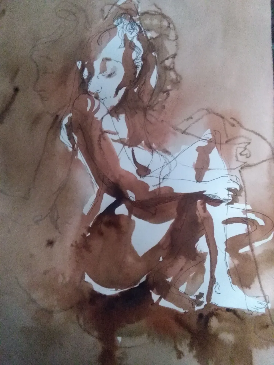 A seated figure in sepia wash and white chalk, head tilted back