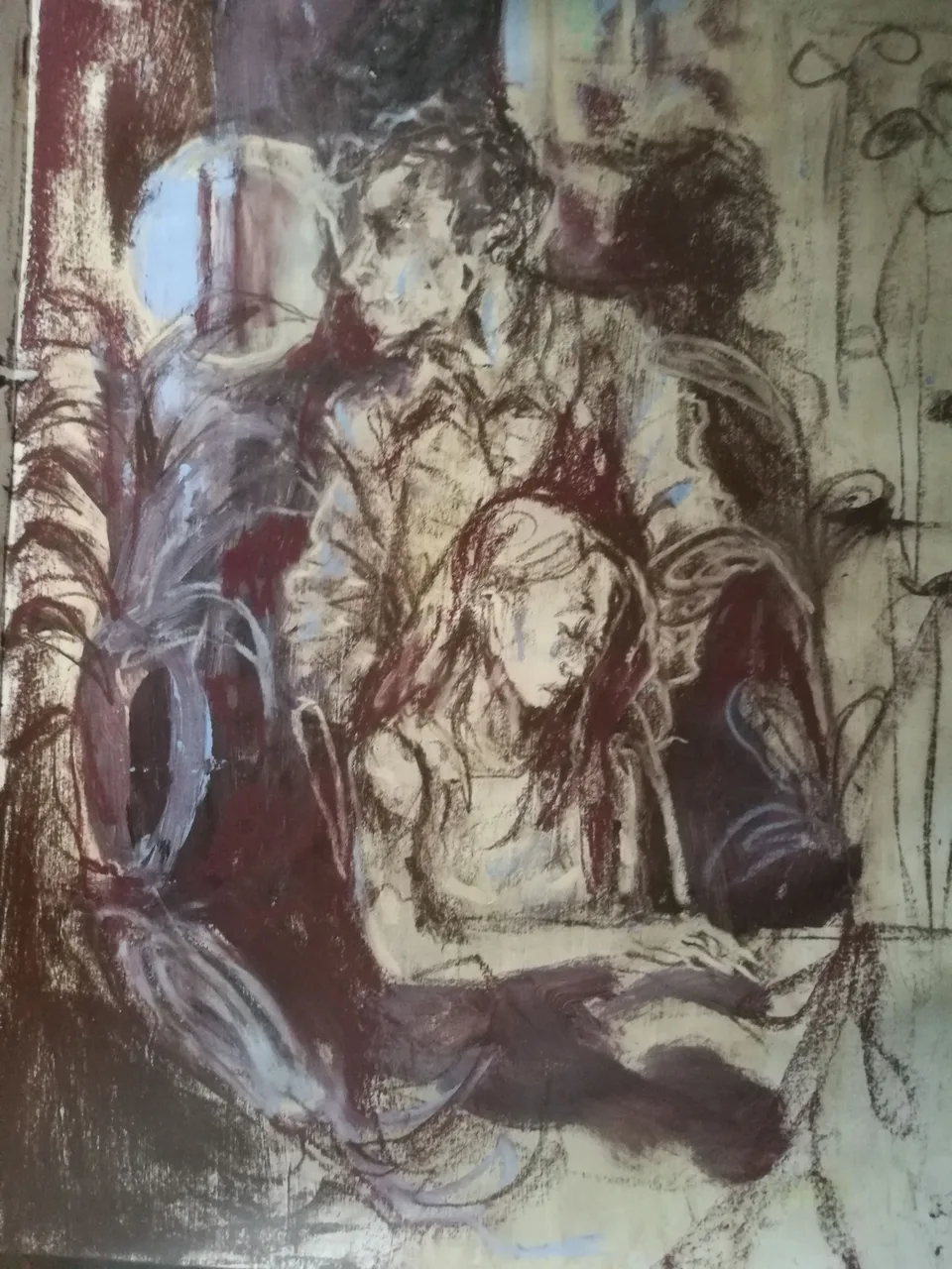 Two figures by a window in red-brown wash and white chalk