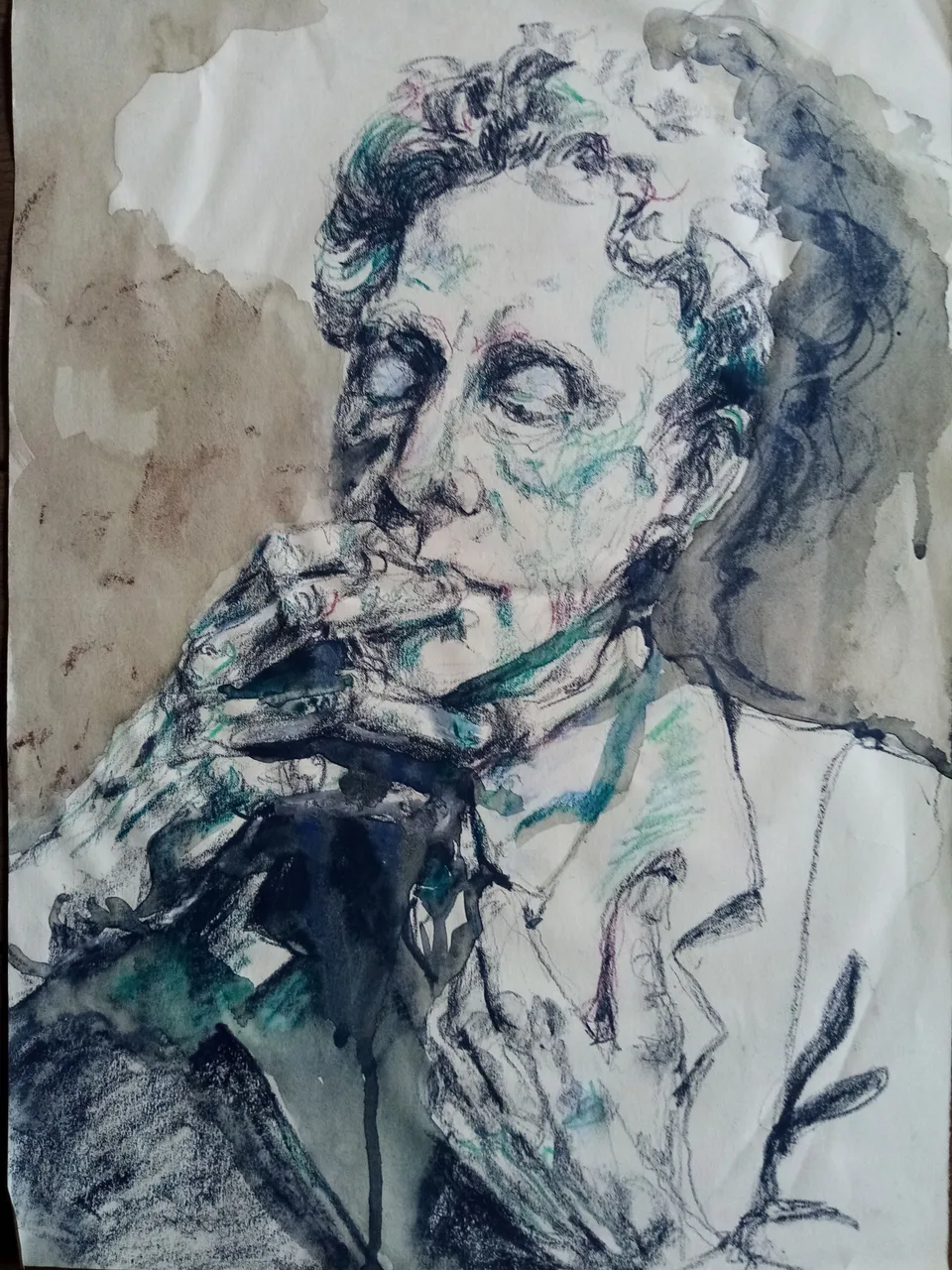 A face with a hand raised to the mouth, in blue-grey wash