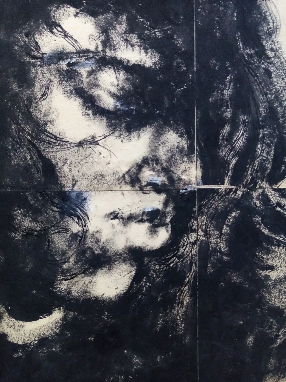 A monotype portrait in black and cream, printed across two sheets