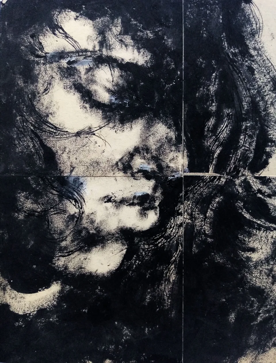 Two faces, one above the other, in a dark monotype