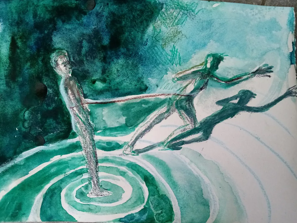 A green watercolour of a figure standing on a spiral while others run towards them