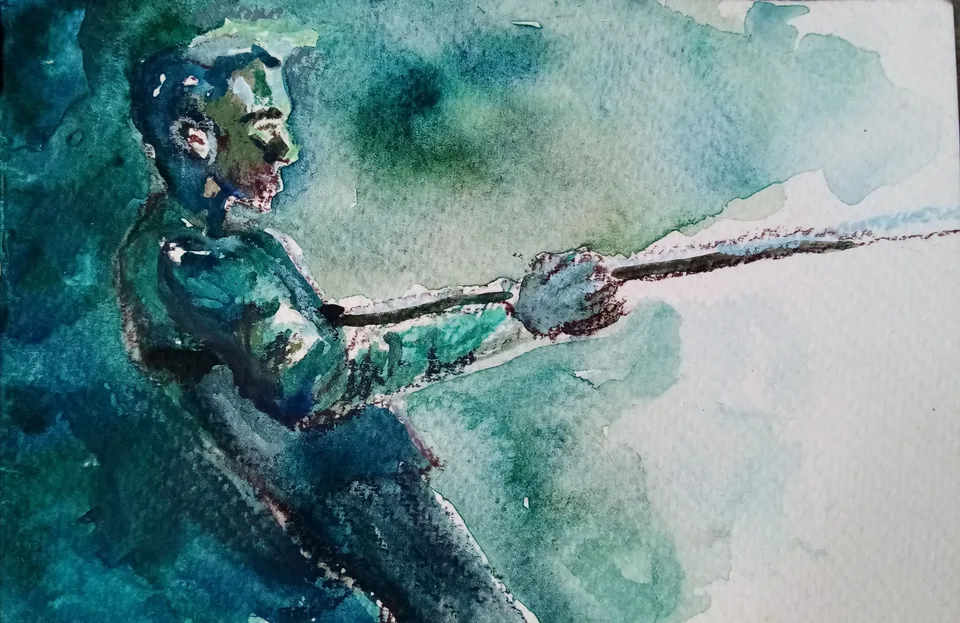 A figure in dark green and blue watercolour, reaching out with an outstretched arm