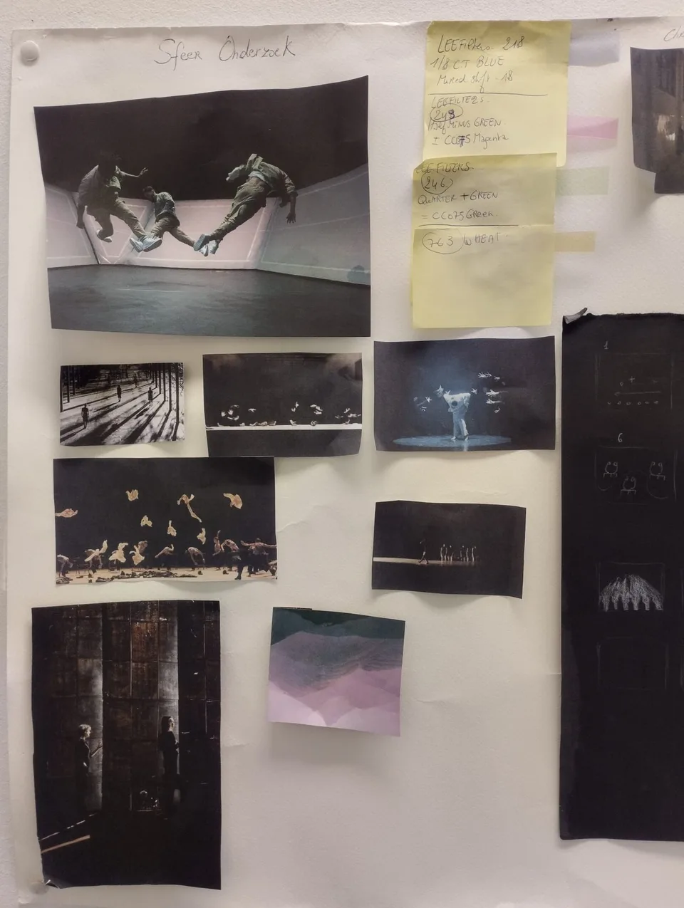 A wall of dark collage sheets, photographs and yellow notes from the design process