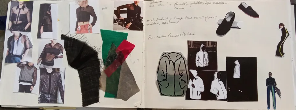 An open notebook spread of clothing cut-outs and dark fabric shapes — the costume collage