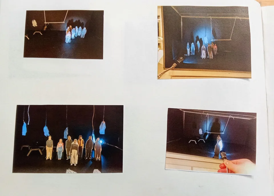 Photographs of the lit scale model laid out on a table